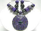 MULTI COLOR CRYSTAL DECO ROUND EAMELED METAL PENDANT AND BEADS NECKLACE SET