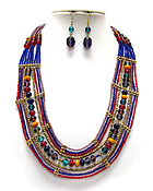MULTI ROW GLASS AND SEED BEADS NECKLACE SET