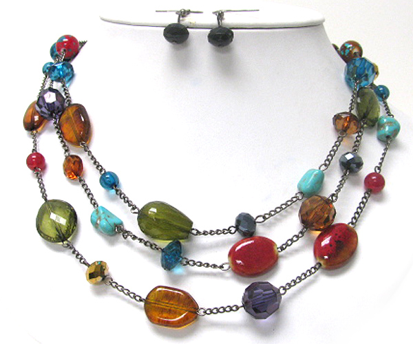 TRIPLE LAYER MIXED COLORED BEADS AND STONE NECKLACE EARIRNG SET