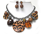 ANIMAL PATTERN DISK AND MIXED BALL DANGLE NECKLACE EARRIGN SET - Wholesale Jewelry