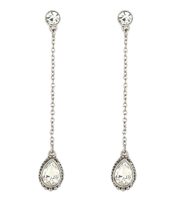 ANTIQUE FINISH LONG CRYSTAL DROP EARRING