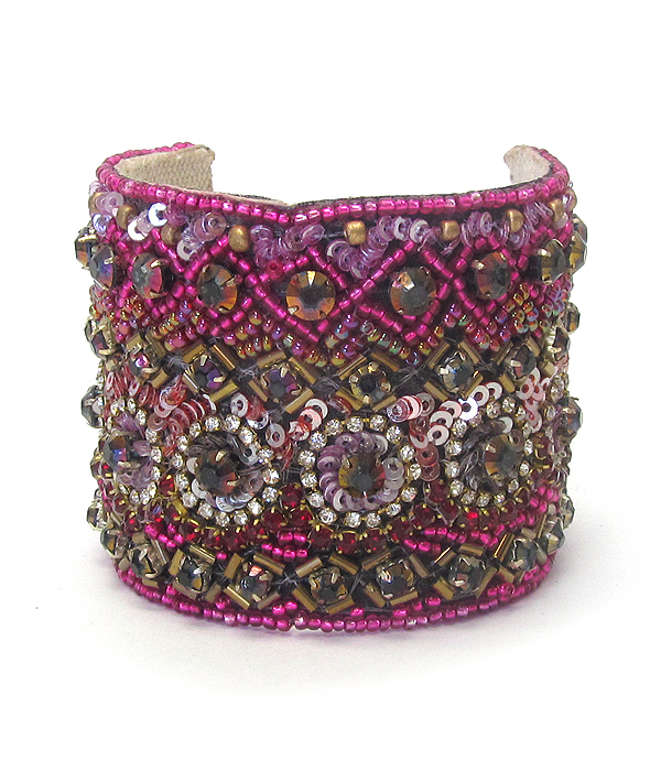 MULTI CRYSTAL AND BEAD WIDE CUFF BANGLE BRACELET