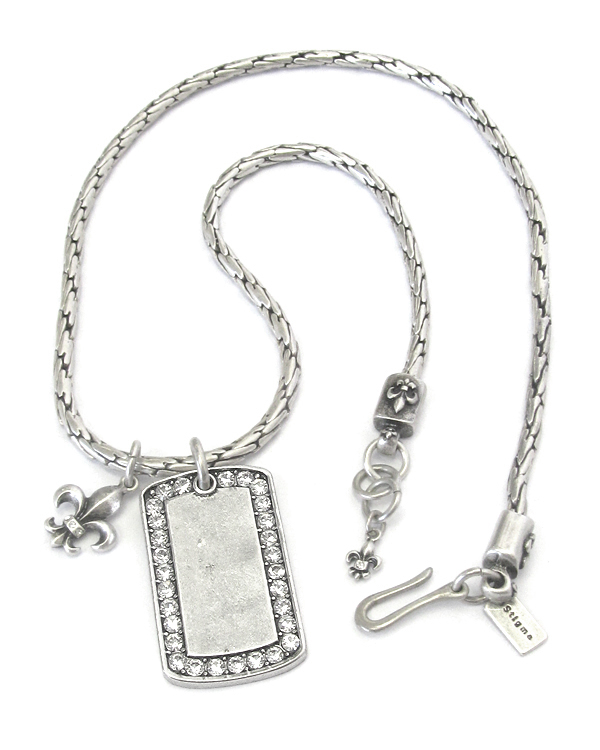 MENS STAINLESS STEEL METAL CHAIN NECKLACE - CRYSTAL DOGTAG AND FLEUR DE LIS PENDANT