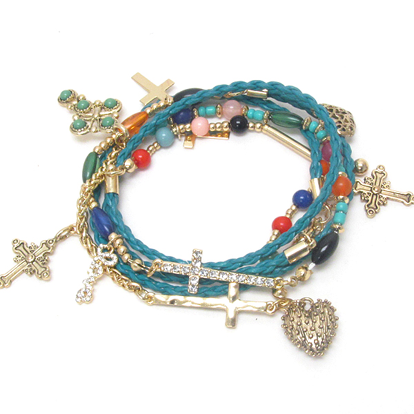 MULTI CRYSTAL CROSS AND LOVE THEME CHARM AND LEATHERETTE BAND WRAP BRACELET