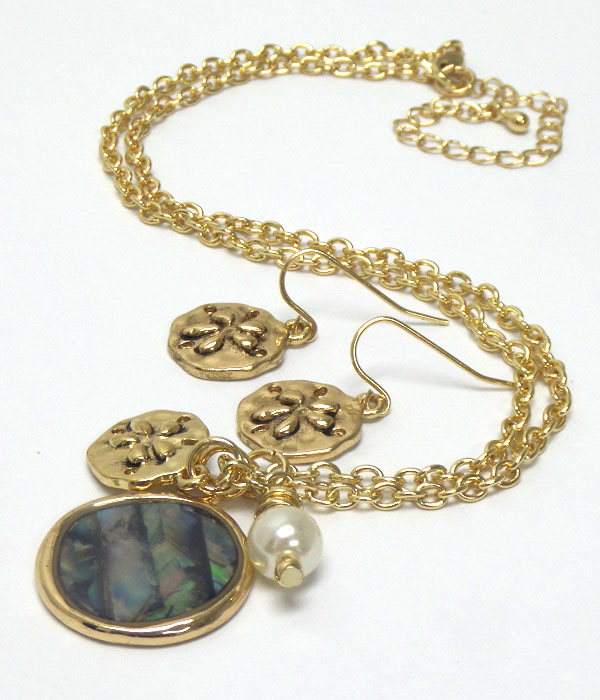 SAND DOLLAR ABALONE STONE WITH PEARL NECKLACE SET