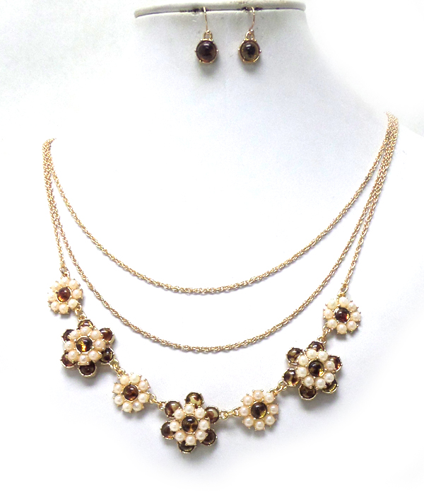 THREE LAYER OF CHAIN WITH LINKED FLOWERS NECKLACE SET