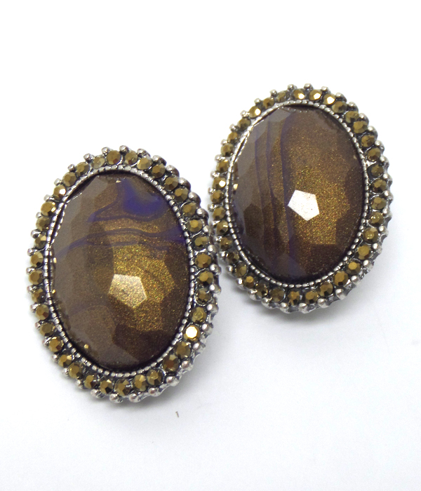 OVAL STONE WITH CRYSTALS BORDER CLIP ON EARRINGS