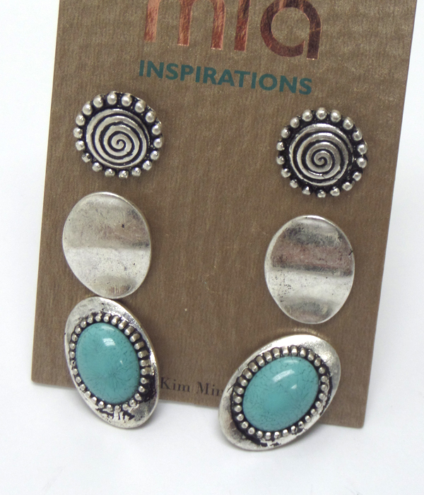 TEXTURED METAL WITH STONE THREE PAIR EARRINGS