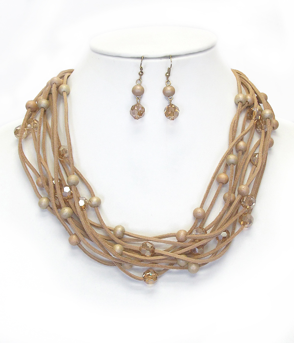 MULTI FACET STONE AND SUEDE CORD MIX NECKLACE SET