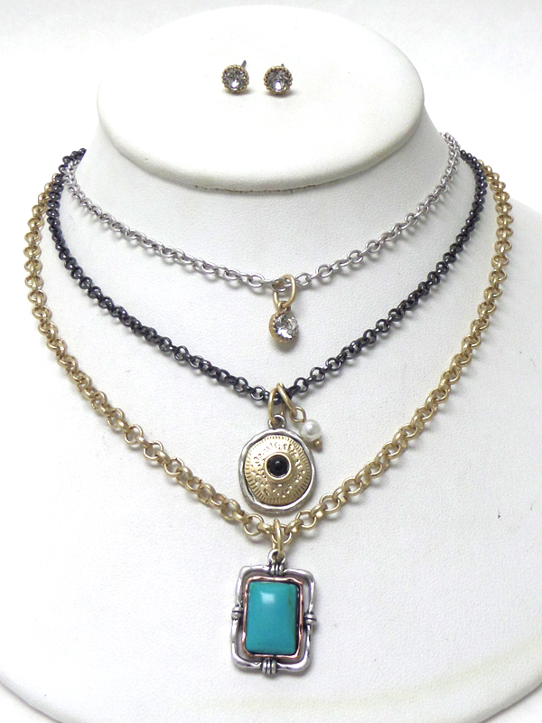 THREE LAYER TURQUOISE WORN GOLD STONE NECKLACE SET 