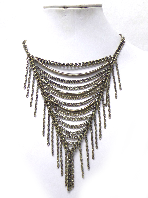 MULTI METAL CHAIN LINK AND DROP BIB NECKLACE
