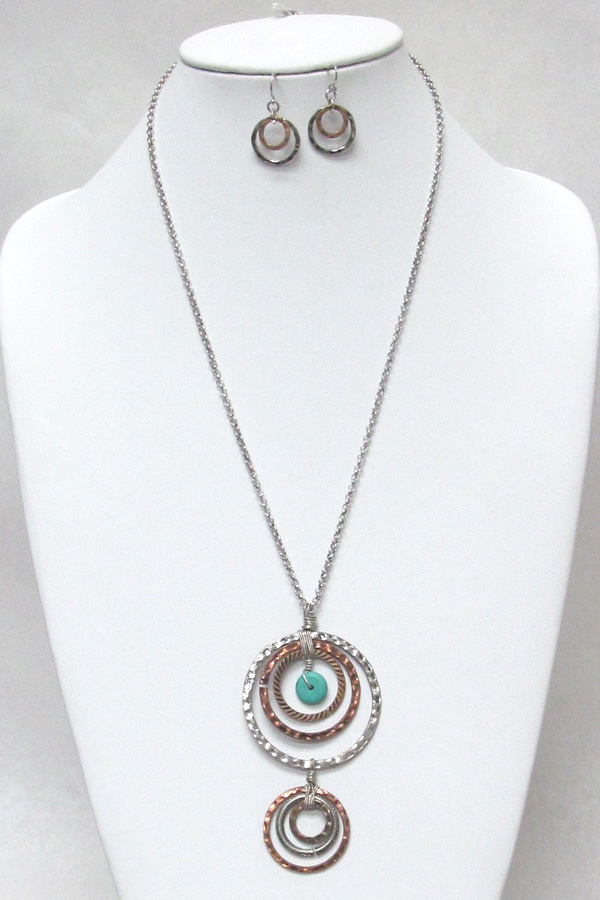 TEXTURED MULTI RING DROP LONG NECKLACE SET