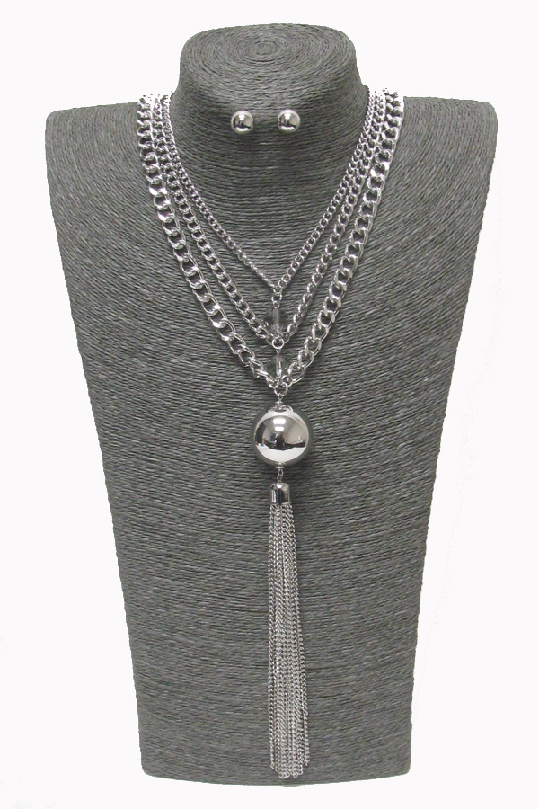 MULTI LAYER AND METAL BALL AND CHAIN TASSEL DROP NECKLACE SET