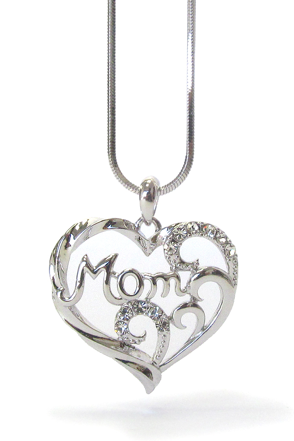 WHITEGOLD PLATING MOTHERS DAY CRYSTAL MOM HEART PENDANT NECKLACE