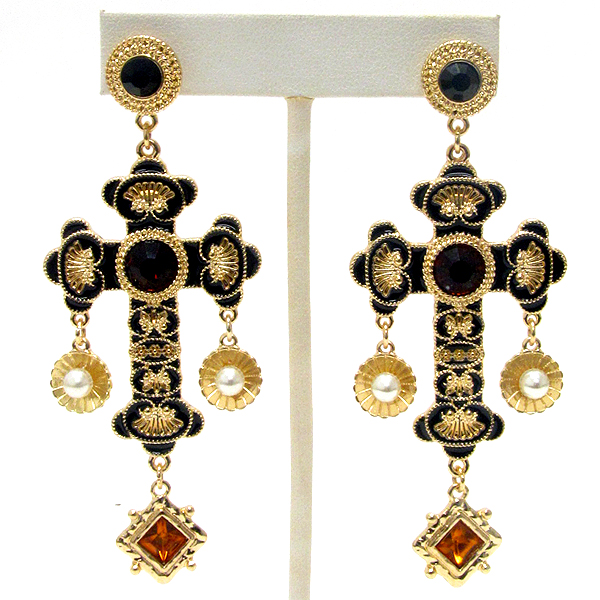 CRYSTAL AND EPOXY DECO ANTIQUE CROSS EARRING