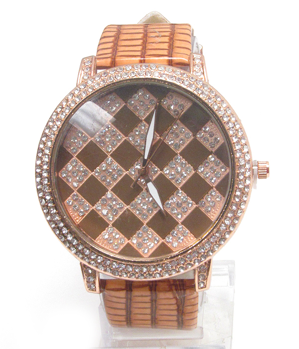 SWAROVSKI CRYSTAL DECO CHESS BOARD FACE AND GENUINE LEATER BAND ARMANI STYLE WATCH