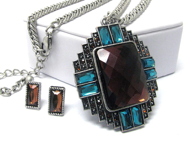 CRYSTAL AND FACET GLASS DECO PENDANT LONG NECKLACE EARRING SET