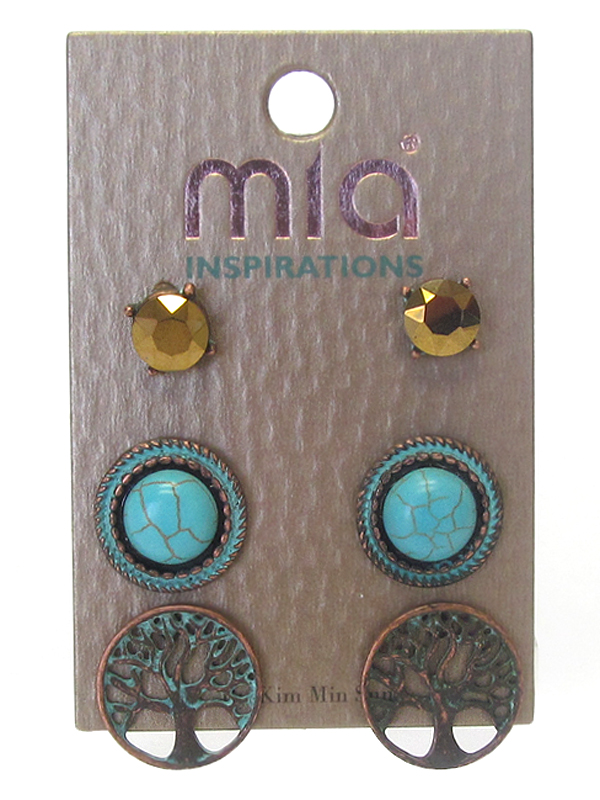 TURQUOISE AND PATINA TREE OF LIFE 3 PAIR EARRING SET