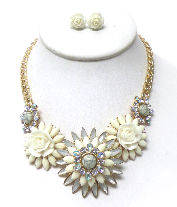 ACRYLIC FACET AND CRYSTALS FLOWER NECKLACE SET 