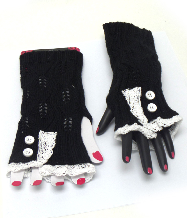 KNIT WITH LACE OPEN FINGERTIP KNIT GLOVE 