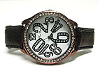 CRYSTAL DECO ROUND FACE FASHION LEATHER BAND WATCH