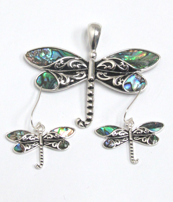 METAL FILIGREE AND ABALONE DRAGONFLY PENDANT AND EARRING SET