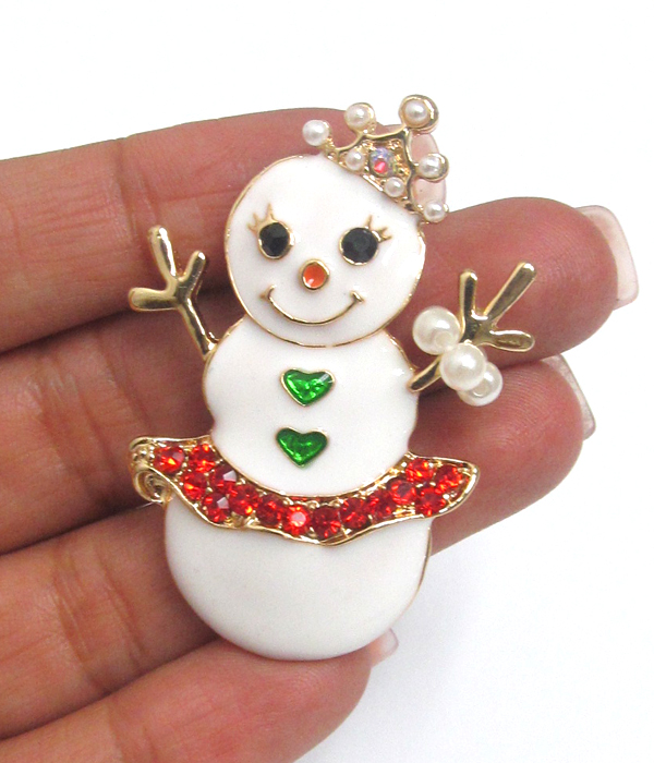 CRYSTAL AND EPOXY SNOWMAN BROOCH OR PIN