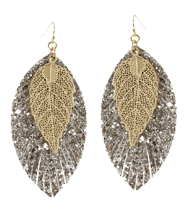 FAUX LEATHER FRINGE AND METAL FILIGREE DOUBLE LAYER EARRING