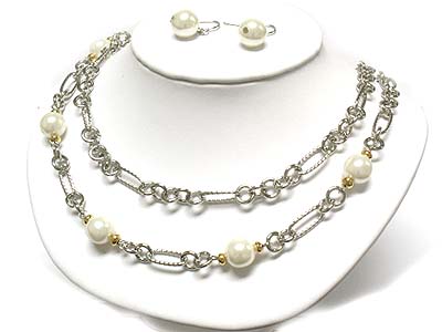 PEARL BEADS LINK DOUBLE CHAIN NECKLACE AND EARRING