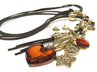 FACET CUT HEART GLASS STONE AND MULTI LONG CHARMS DOUBLE SUEDE CORD NECKLACE AND EARRING SET
