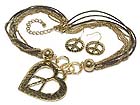 HEART PEACE PENDANT AND MULTI STRANDS AND CORDS NECKLACE AND EARRING SET