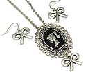 BARBIE FACE PATTEND OVAL METAL PENDANT WITH RIBBON NECKLACE AND EARRING SET