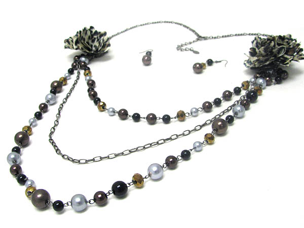 FABRIC FLOWER AND MULTI BALL CHAIN NECKLACE EARRING SET