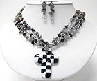 BLACK AND WHITE CHECKER CROSS PENDANT AND CHIP STONE NECKLACE EARRING SET