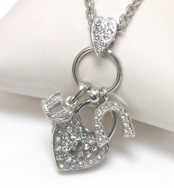 PREMIER ELECTRO PLATING CRYSTAL HEART LOCK AND HORSE SHOE AND CROWN PENDANT NECKLACE