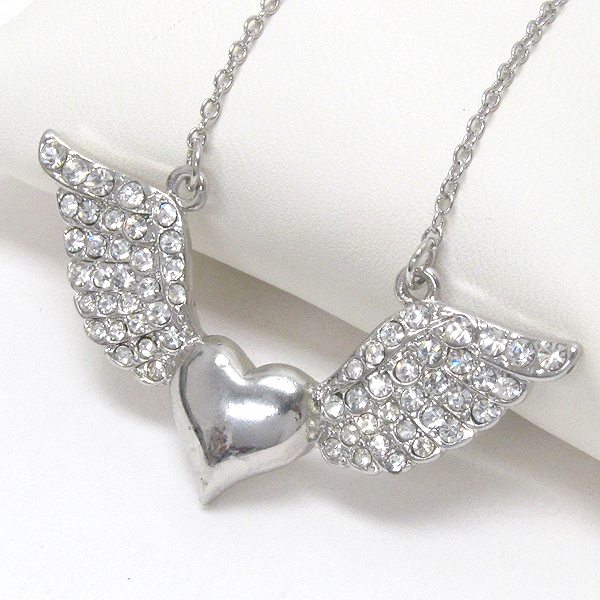 PREMIER ELECTRO PLATING CRSYTAL DECO HEART AND ANGEL WING PENDANT NECKLACE
