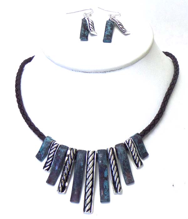 MULTI METAL TRIBAL DESIGN WITH BRAIDED CORD NECKLACE SET 