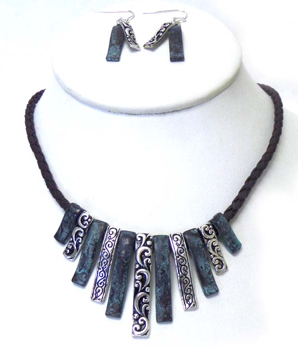MULTI METAL TRIBAL DESIGN WITH BRAIDED CORD NECKLACE SET