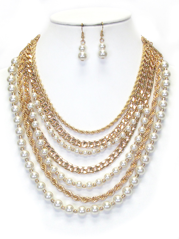 MULTI PEARL AND CHAIN MIX LAYER NECKLACE SET