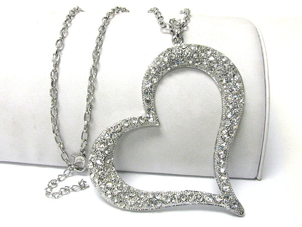 EXTRA LARGE CRYSTAL STUD OPEN HEART PENDANT LONG CHAIN NECKLACE