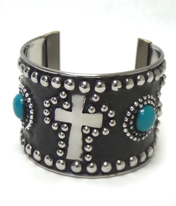 TURQUOISE STONE WITH METAL CROSS METAL CUFF BRACELET