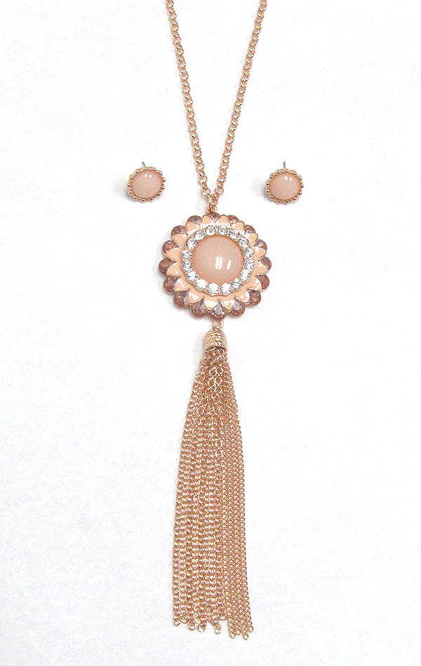 CRYSTAL FLOWER AND LONG FINE CHAIN TASSEL NECKLACE SET