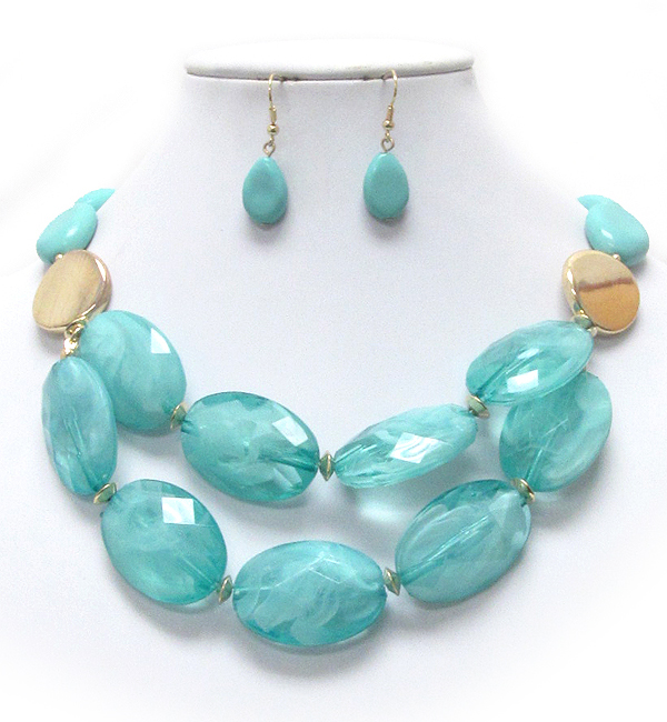 DOUBLE LAYER FACET OVAL STONE NECKLACE EARRING SET