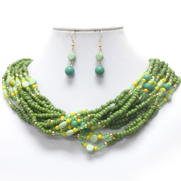 GLASS AND ACRYLIC BEAD MIX MULTI LAYER NECKLACE EARRING SET