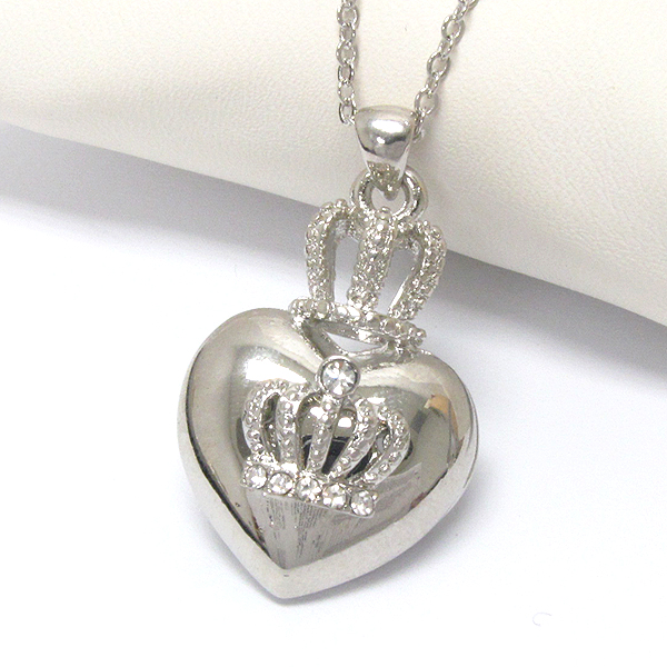PREMIER ELECTRO PLATING CRYSTAL CROWN ON PUFFY HEART PENDANT NECKLACE -valentine