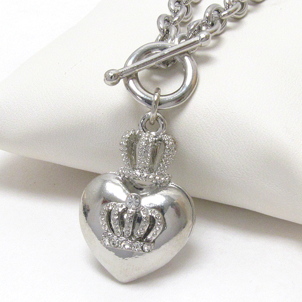 PREMIER ELECTRO PLATING CROWN ON PUFFY HEART PENDANT TOGGLE CHAIN NECKLACE