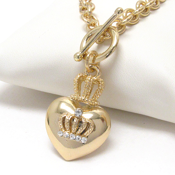 PREMIER ELECTRO PLATING CROWN ON PUFFY HEART PENDANT TOGGLE CHAIN NECKLACE