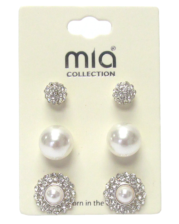 CRYSTAL AND PEARL MIX 3 PAIR EARRING SET