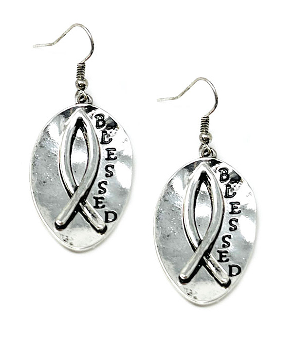 RELIGIOUS INSPIRATION METAL FISH EARRING - BLESSED