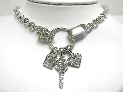 WHITEGOLD PLATING CRYSTAL KEY AND LOCK AND HEART DANGLE NECKLACE